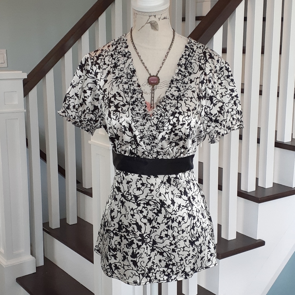 & RW&CO silky faux wrap white & black print top
